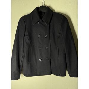 LL Bean Black Italian‎ Wool Peacoat Misses' Reg Anchor Buttons 14